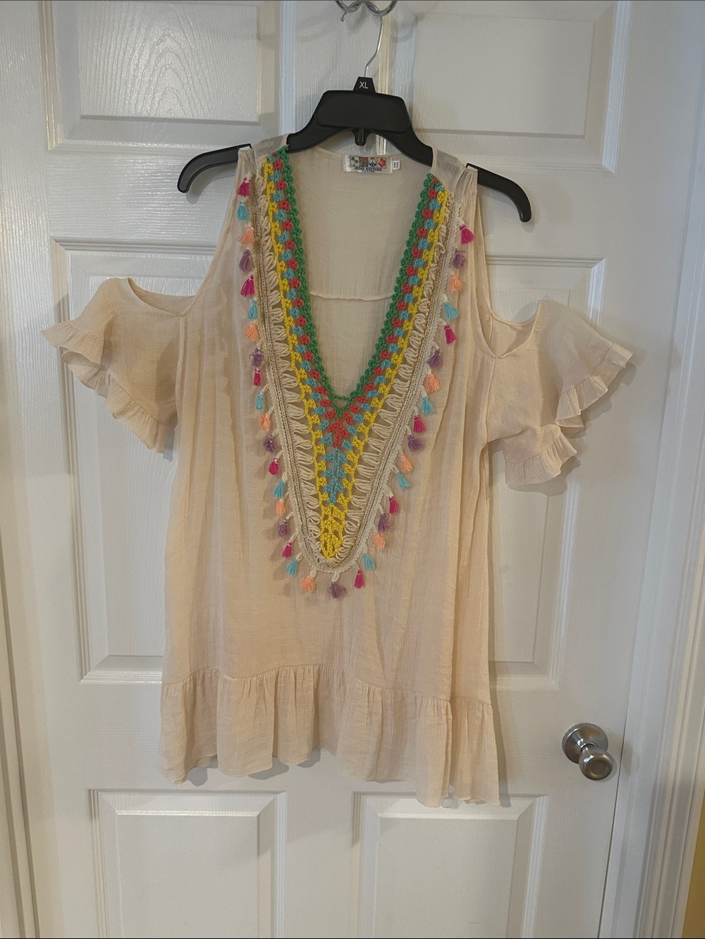 India Boutique Cream Cold-Shoulder Tunic with Multicolor Crochet Trim